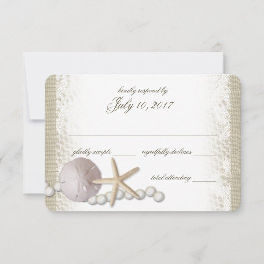 Rustic Beach Kant en Parels Reactie RSVP Kaartje (Voorkant)