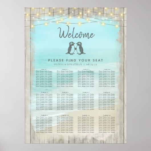 Rustic Beach Pinguïns Wedding Zitting Grafiek Poster (Voorkant)