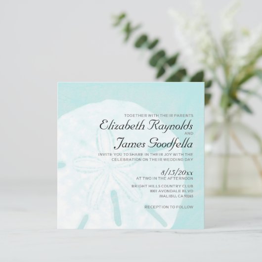 Rustic Beach Sand Dollar Wedding Invitations Kaart (Staand voorkant)