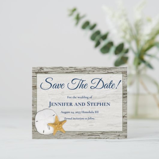 Rustic Beach Sand Dollar Wedding Save the Date Aankondigingskaart (Staand voorkant)