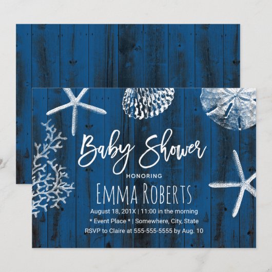 Rustic Beach Seashells Navy Blue Baby shower Kaart (Voorkant / Achterkant)