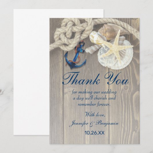 Rustic Beach Shell Navy Anchor Nautical Wedding Bedankkaart (Voorkant / Achterkant)