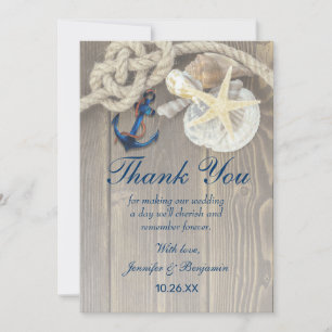 Rustic Beach Shell Navy Anchor Nautical Wedding Bedankkaart