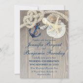 Rustic Beach Shell Navy Anchor Nautical Wedding Kaart (Voorkant)