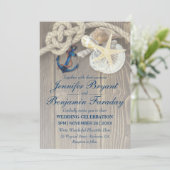 Rustic Beach Shell Navy Anchor Nautical Wedding Kaart (Staand voorkant)