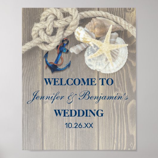 Rustic Beach Shell Navy Anchor Nautical Wedding Poster (Voorkant)
