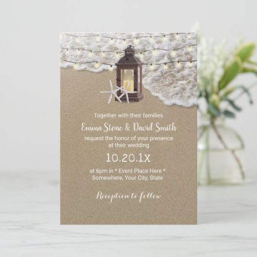 Rustic Beach Starfish Lantern Light Wedding Kaart (Staand voorkant)