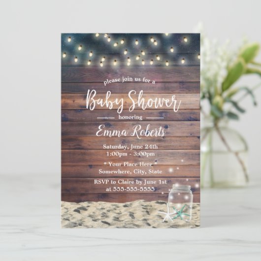 Rustic Beach Starfish String Lights Baby shower Kaart (Staand voorkant)