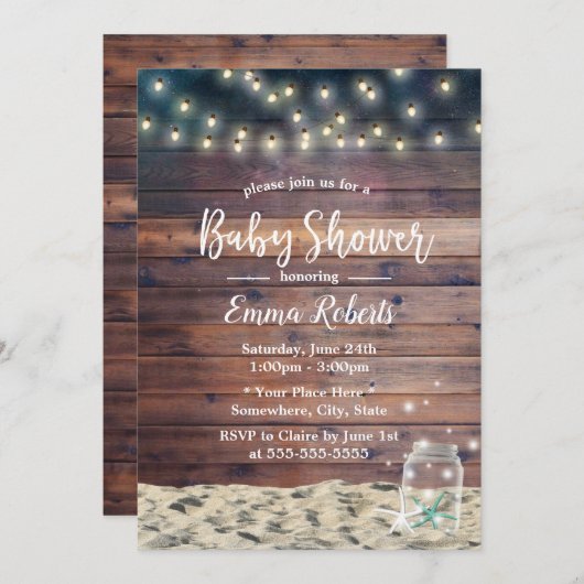 Rustic Beach Starfish String Lights Baby shower Kaart (Voorkant / Achterkant)