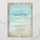 Rustic Beach String Lights Gold Foil Wedding Folie Uitnodiging (Voorkant)
