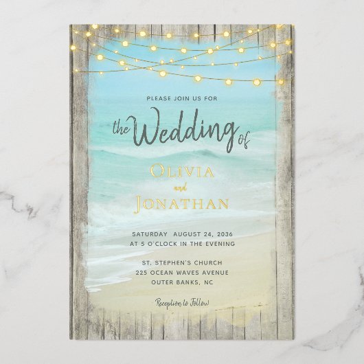 Rustic Beach String Lights Gold Foil Wedding Folie Uitnodiging (Voorkant)