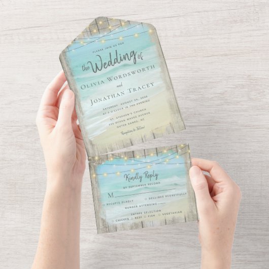 Rustic Beach String Lights Kusthuwelijk All In One Uitnodiging (Afscheurbaar)