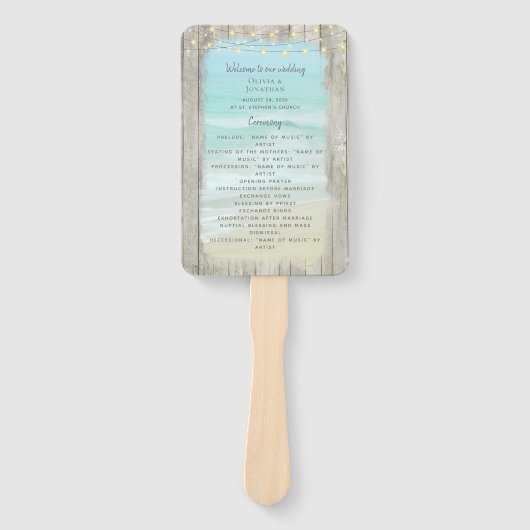 Rustic Beach String Lights Ocean Wedding Program Handwaaier (Voorkant)