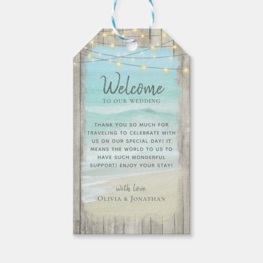 Rustic Beach String Lights Weddenschap Welkom Cadeaulabel (Voorkant)
