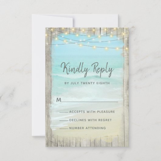 Rustic Beach String Lights Wood Weddenschap RSVP (Voorkant)