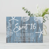 Rustic Beach Sweet 16 Starfish Seashell Dusty Blue Kaart (Staand voorkant)