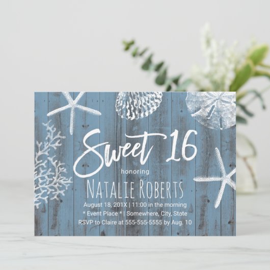 Rustic Beach Sweet 16 Starfish Seashell Dusty Blue Kaart (Staand voorkant)