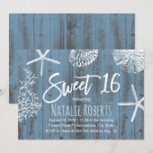 Rustic Beach Sweet 16 Starfish Seashell Dusty Blue Kaart (Voorkant / Achterkant)