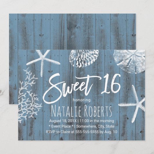 Rustic Beach Sweet 16 Starfish Seashell Dusty Blue Kaart (Voorkant / Achterkant)