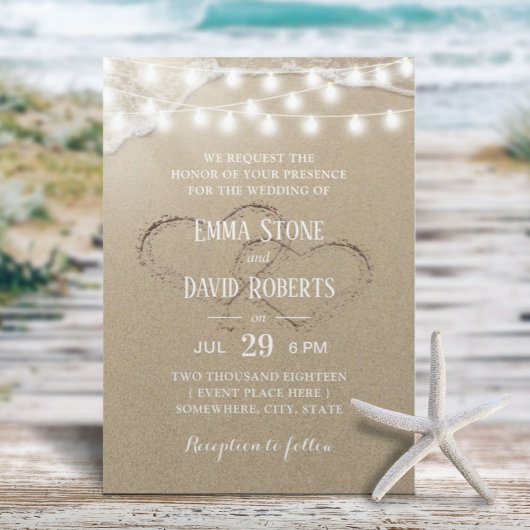 Rustic Beach Wedding Hearts in de Zand Summer Kaart