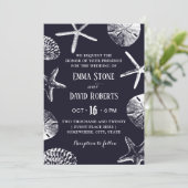 Rustic Beach Wedding Starfish & Seashell Navy Blue Kaart (Staand voorkant)