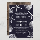 Rustic Beach Wedding Starfish & Seashell Navy Blue Kaart (Voorkant / Achterkant)