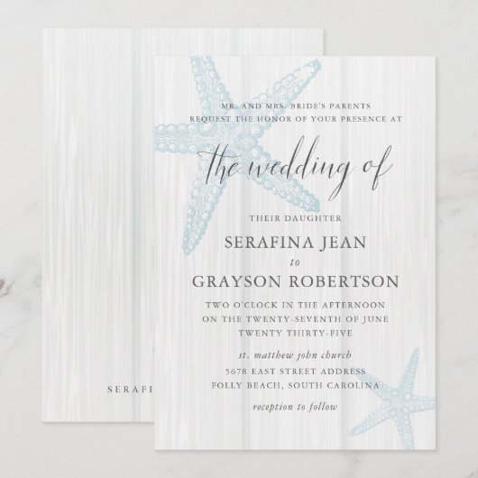 Rustic Beach Wedding Tropical Blue Starfish Invita Kaart (Voorkant / Achterkant)