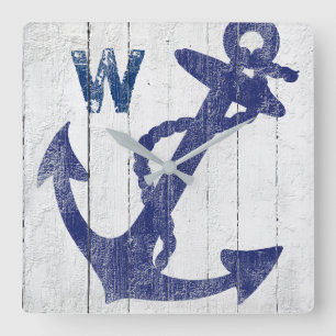 Rustic Beach Wood Blue Nautical Anchor Monogrammed Vierkante Klok