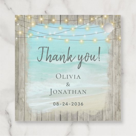 Rustic Beach Wood String Lights Kusthuwelijk Bedankjes Labels (Achterkant)