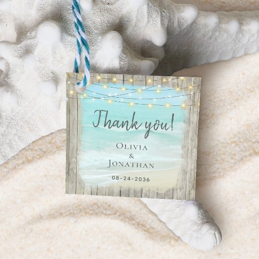 Rustic Beach Wood String Lights Kusthuwelijk Bedankjes Labels