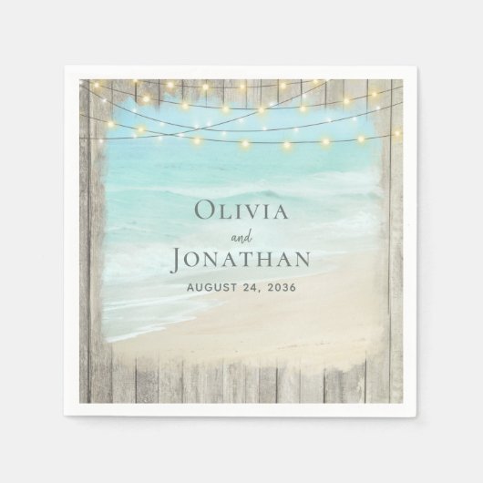 Rustic Beach Wood String Lights Waves Weddenschap Servet (Voorkant)