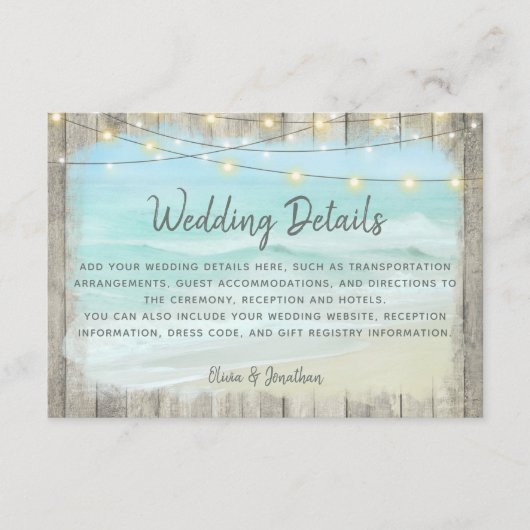 Rustic Beach Wood String Lights Wedding Details Informatiekaartje (Voorkant)