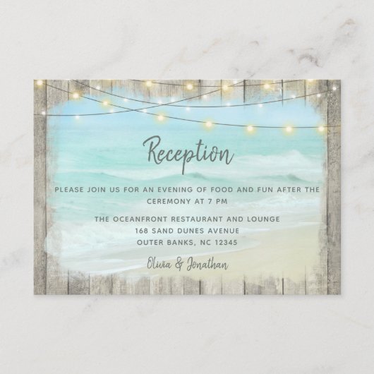 Rustic Beach Wood String Lights Wedding Reception Informatiekaartje (Voorkant)