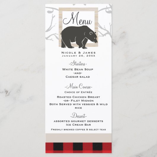 Rustic Bear & Red Plaid Woods Trouwmenu Menu (Voorkant)
