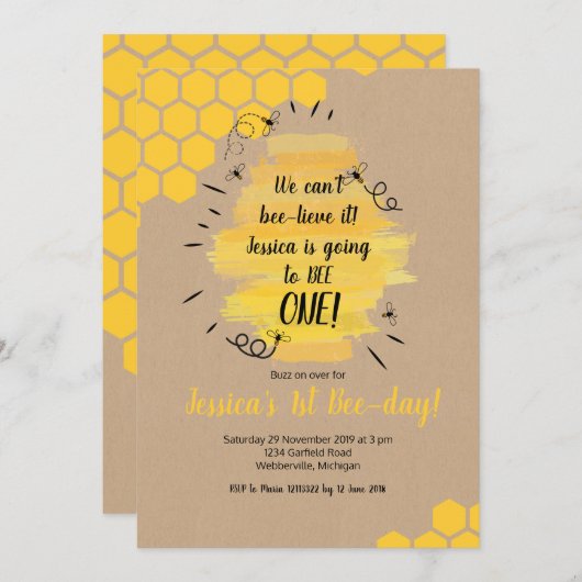 Rustic Bee 1e verjaardagsfeest uitnodiging (Voorkant / Achterkant)