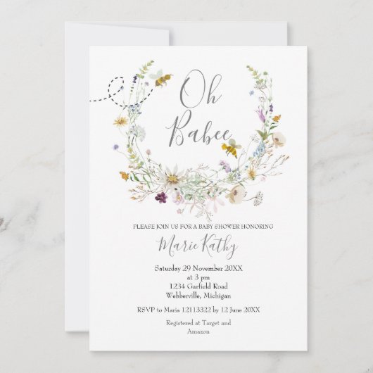 Rustic Bee Wildflower Baby shower Uitnodiging (Voorkant)