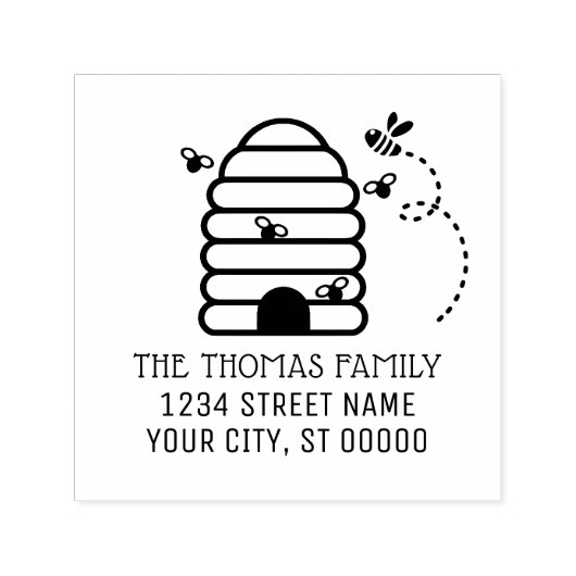 Rustic Beehive and Flying Bees Name Address Zelfinktende Stempel (Design)