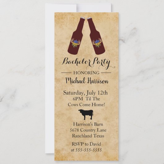 Rustic Beer Bottle Bachelor Party Invitation Aankondiging (Voorkant)