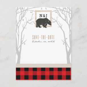 Rustic Beer Rood Geruit Bos Bruiloft Save the Date Aankondigingskaart