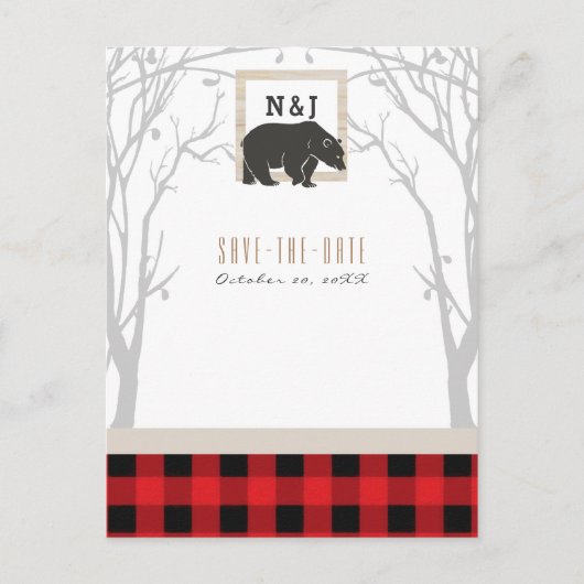 Rustic Beer Rood Geruit Bos Bruiloft Save the Date Aankondigingskaart (Voorkant)