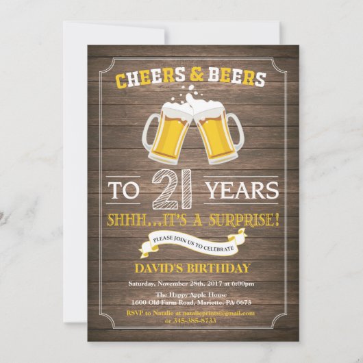 Rustic Beer Surprise 21st Birthday Invitation Kaart (Voorkant)