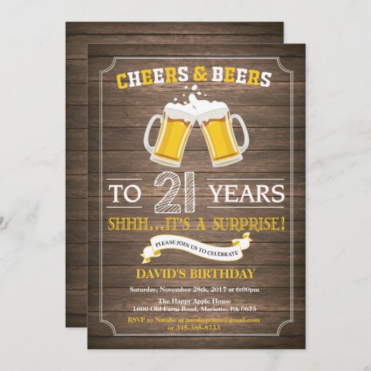 Rustic Beer Surprise 21st Birthday Invitation Kaart (Voorkant / Achterkant)