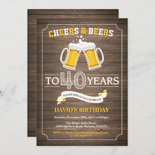 Rustic Beer Surprise 40th Birthday Invitation Kaart (Voorkant / Achterkant)