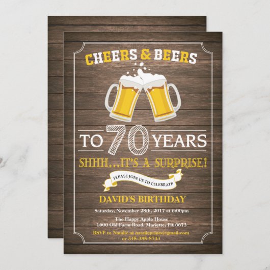 Rustic Beer Surprise 70ste verjaardag uitnodiging (Voorkant / Achterkant)