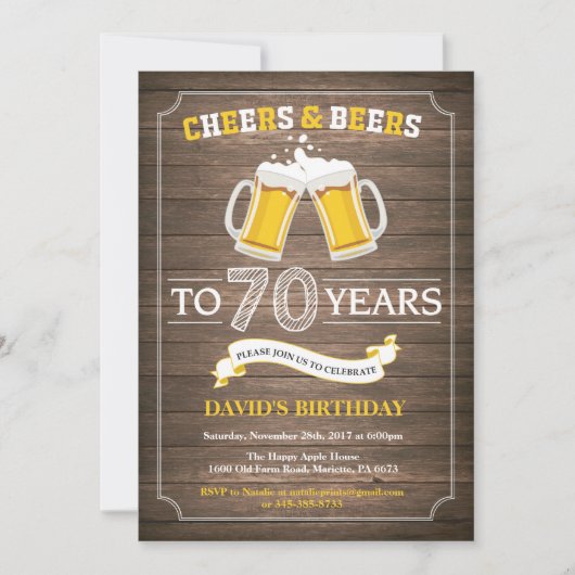 Rustic Beer Surprise 70th Birthday Invitation Kaart (Voorkant)