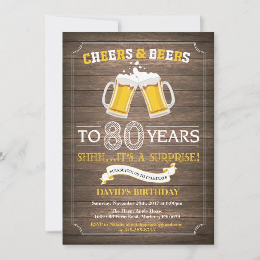 Rustic Beer Surprise 80th Birthday Invitation Kaart (Voorkant)