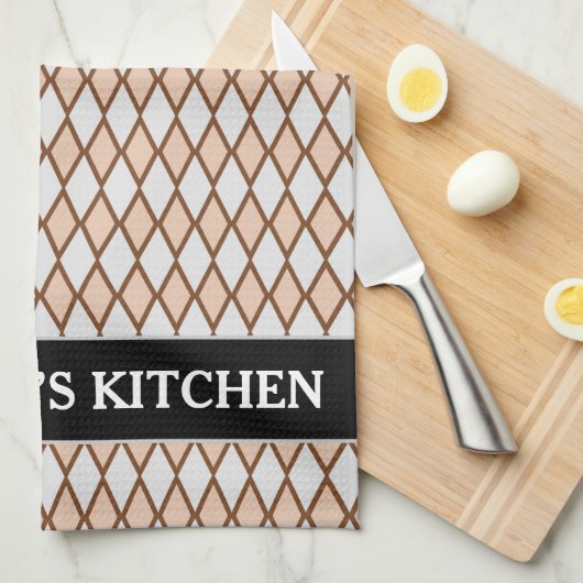 Rustic Beige and Grey Diamond Shape Pattern + Name Theedoek (Quarter Fold)