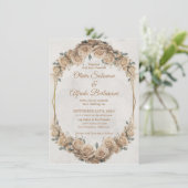  Rustic Beige Golden Roos Wedding Kaart (Staand voorkant)