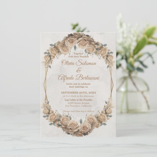  Rustic Beige Golden Roos Wedding Kaart (Staand voorkant)