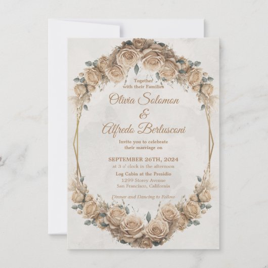  Rustic Beige Golden Roos Wedding Kaart (Voorkant)